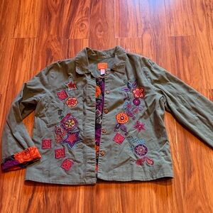 hearts of palm Olive Green Embroidered Utility Jacket with Colorful Accents
